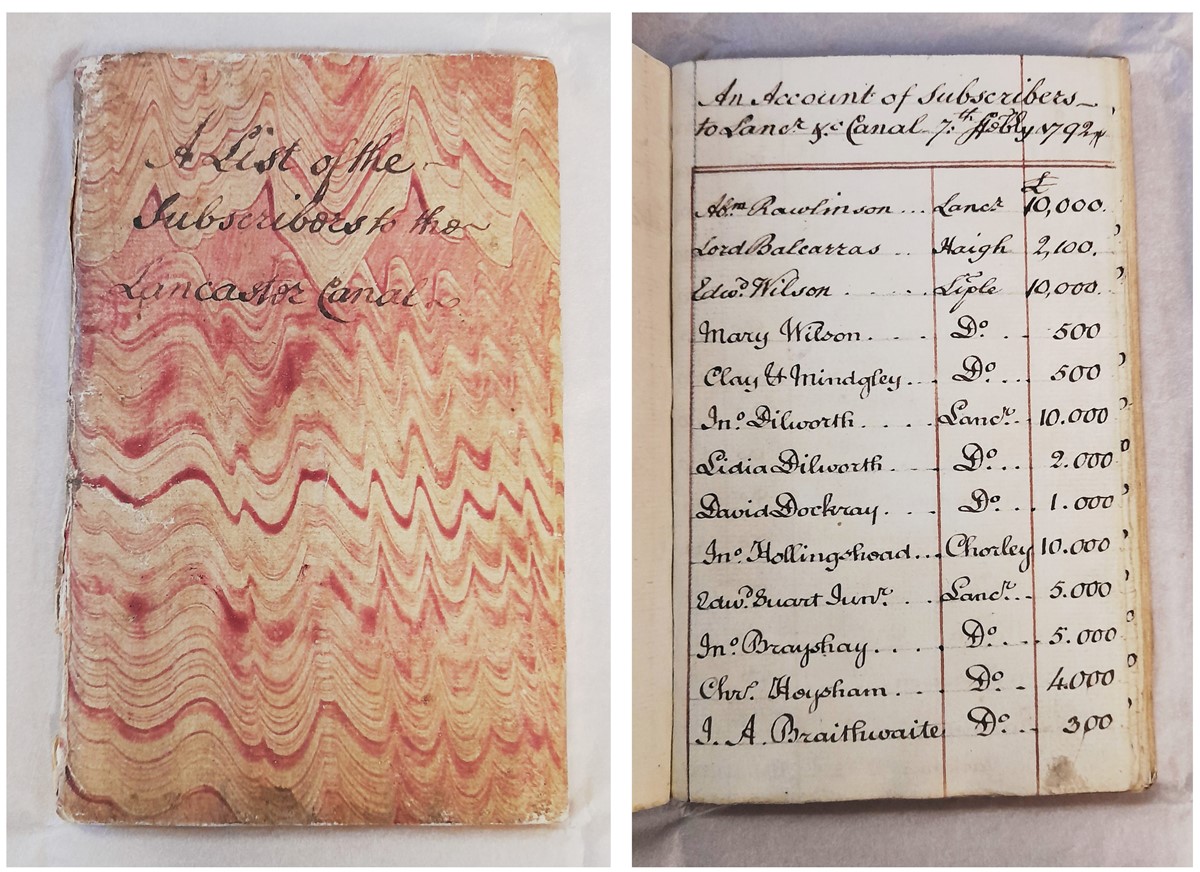 Photos of the cover and first page of the notebook. The cover is marbled in shades of orange and pink. It's a bit worn and dogeared, and has the title 'A list of the subscribers to the Lancaster Canal' handwritten on the front in black ink. The first page of the notebook is handwritten in black ink on lined paper, in a decorative but easily readable script. The first two lines read 'An account of Subscribers to Lanc.r &c. Canal, 7th Feb.ry 1792.' The rest of the page lists the names of 13 people and the amounts they have contributed, ranging from Abraham Rawlinson, £10,000, to J A Braithwaite, £300.